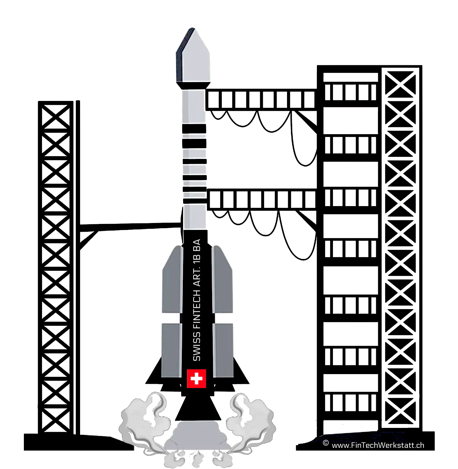 Illustration of a rocket launch symbolising the Swiss Fintech Alliance's support for Swiss fintech startups, FINMA-compliant innovation, and founders like Michael Brüggler.